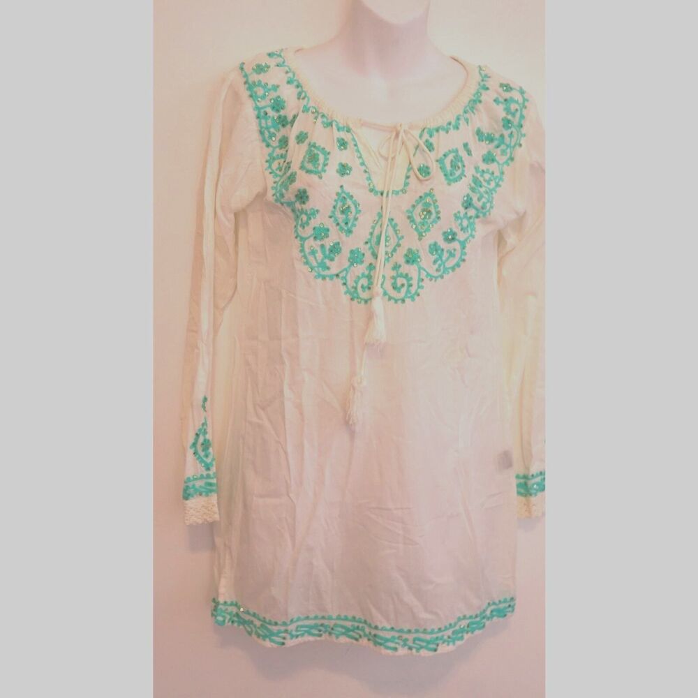 Cynthia Rowley Womens White Teal Embroidered Gold Sequin Beach Tunic Dress XS
